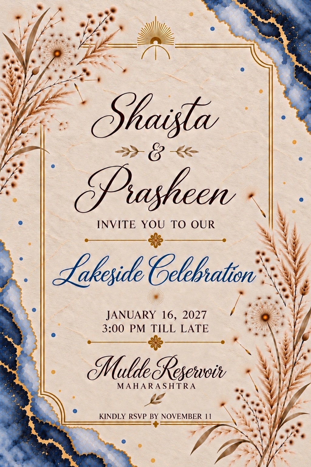 Lakeside Celebration — January 16, 2027, 3:00 PM till late. Mulde Reservoir, Maharashtra. Kindly RSVP by November 11.
